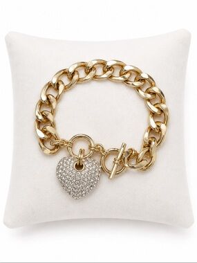 Gold-Tone Chunky Curb Chain Crystal Pavé Heart Charm Toggle Bracelet